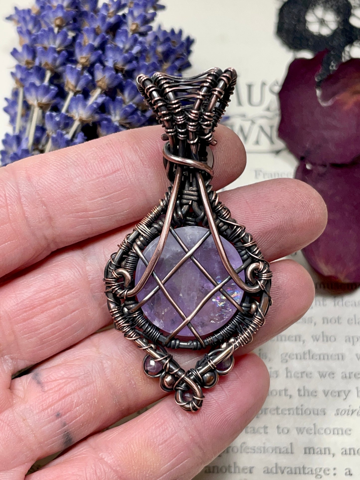 Amethyst Quartz Flower Pendant in Copper