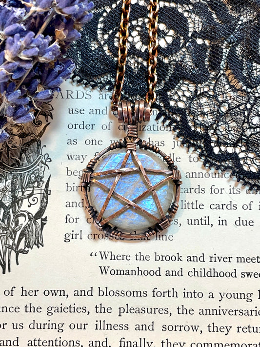 Peristerite Ontario Moonstone Pentacle Pendant in Antiqued Copper
