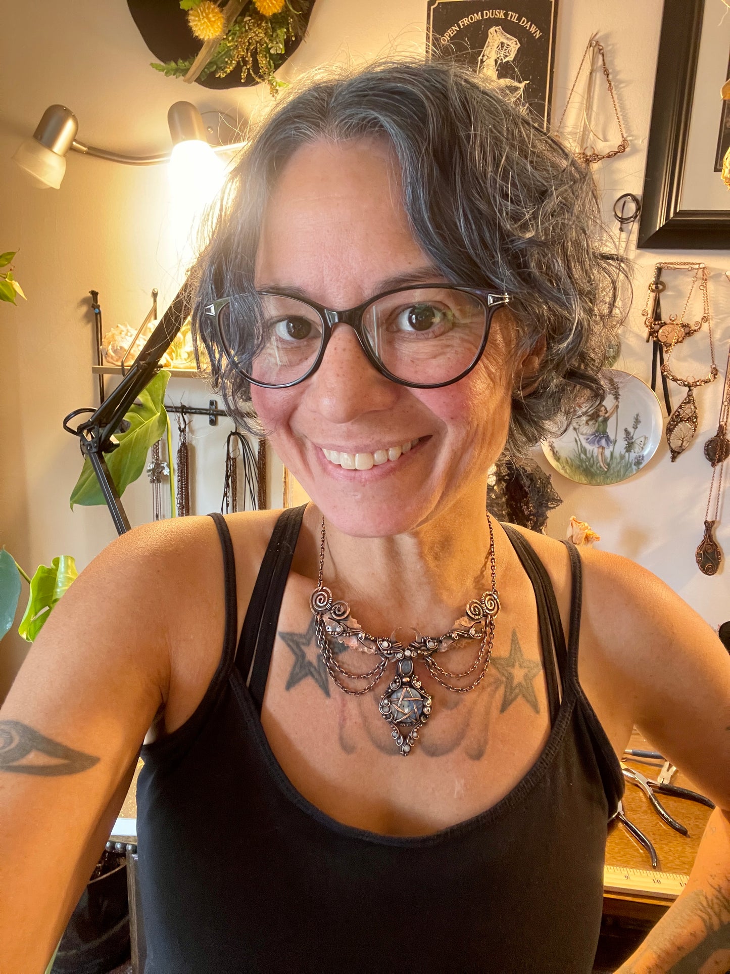 Moonstone (Rainbow Moonstone) Pentacle Collar in Copper