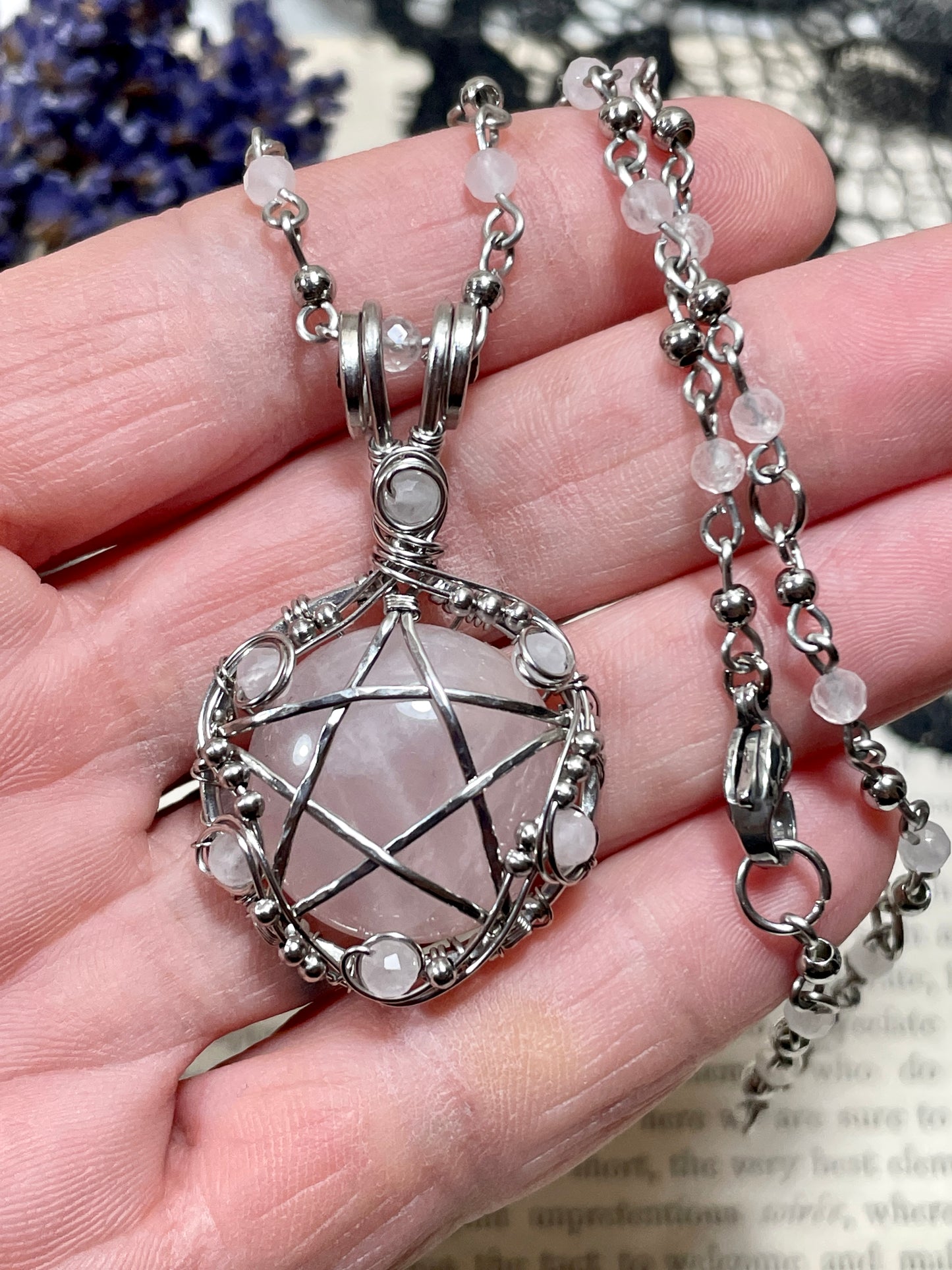 Rose Quartz Pentacle Pendant in Stainless Steel