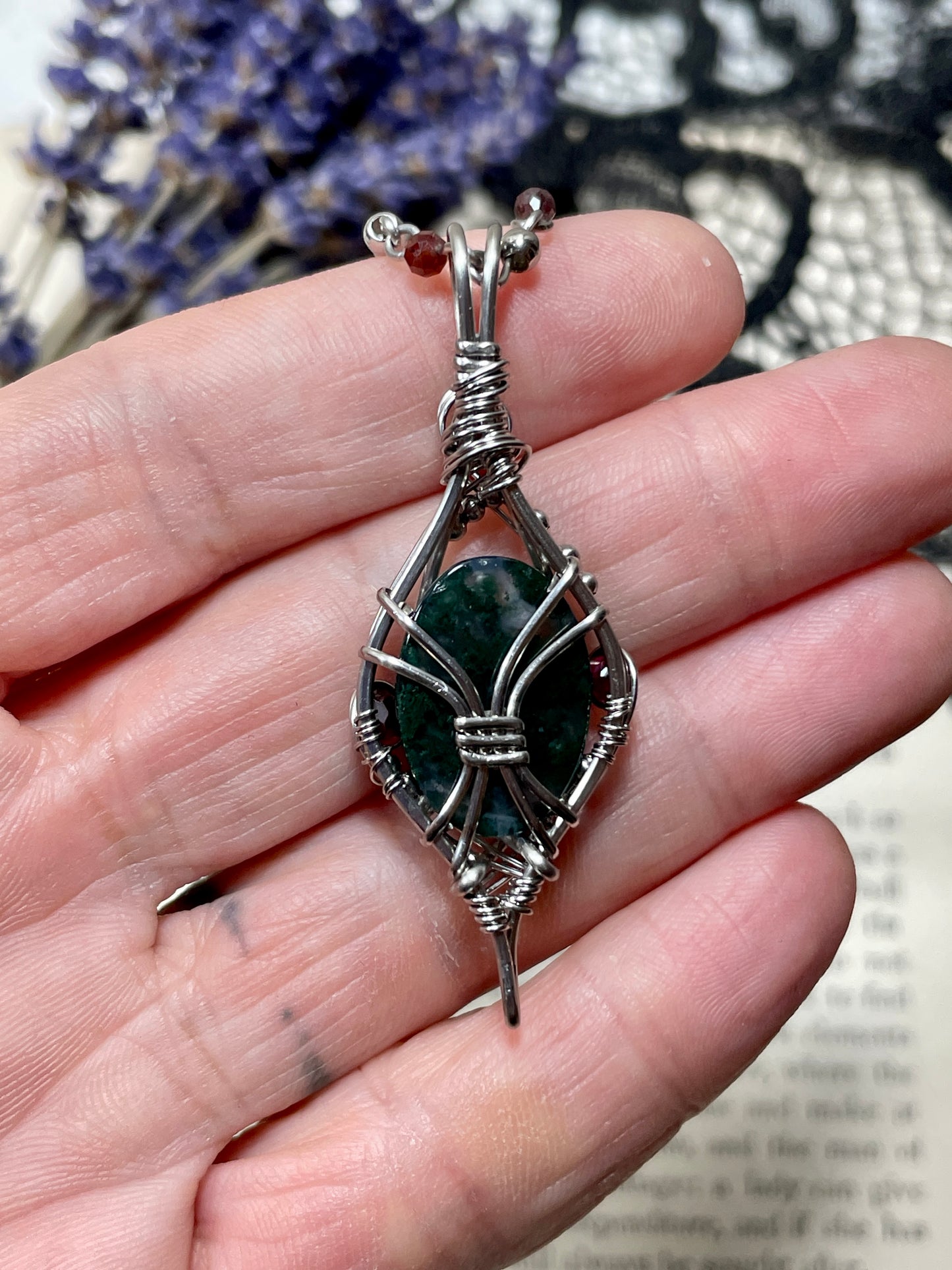 Moss Agate and Garnet Pendant in Stainless Steel