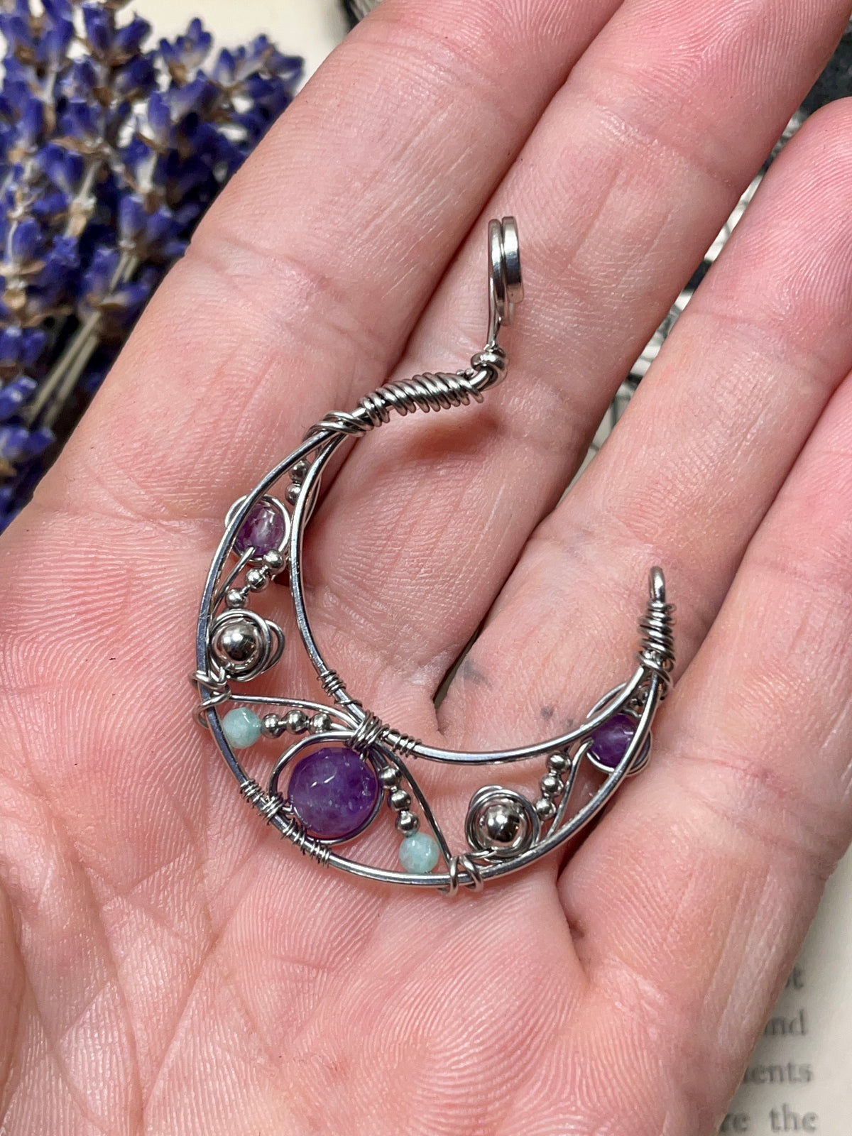 Amethyst and Amazonite Crescent Moon Pendant in Stainless Steel