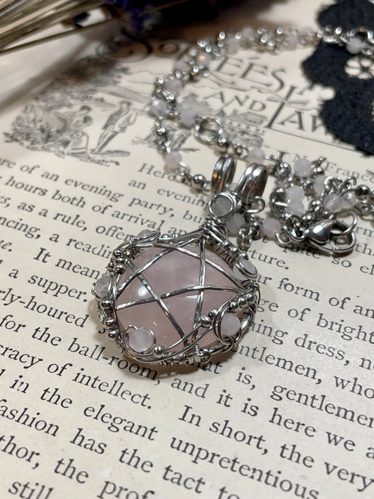 Rose Quartz Pentacle Pendant in Stainless Steel