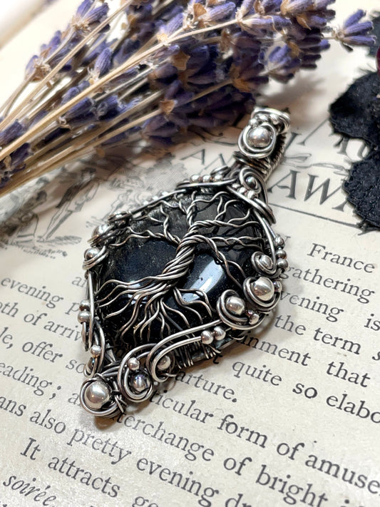 Obsidian (Silver Sheen Obsidian) Tree of Life Pendant in Sterling Silver