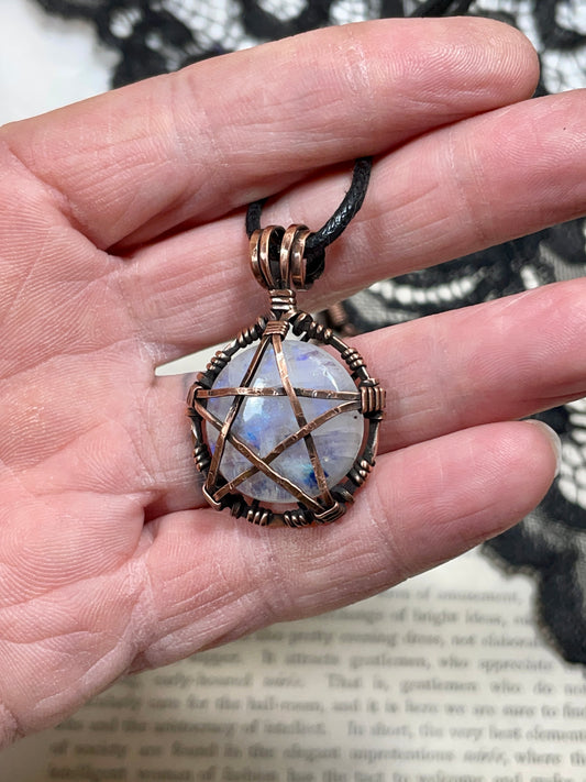 Moonstone (Rainbow Moonstone) Pentacle Pendant in Antiqued Copper