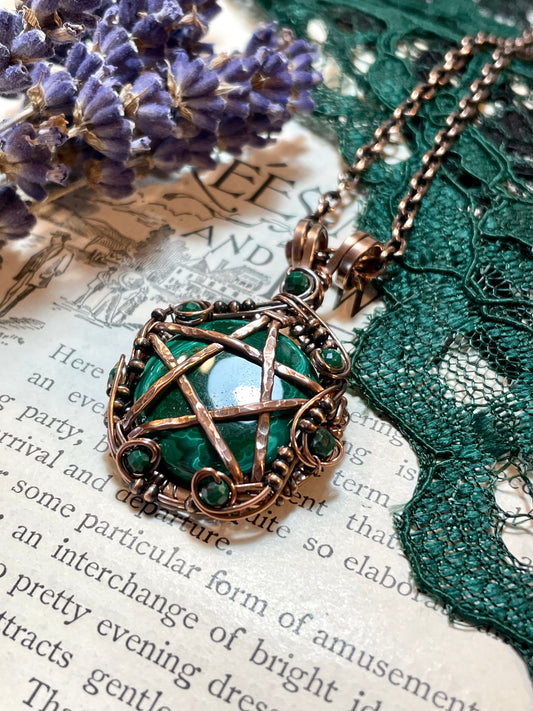 Malachite Pentacle Pendant in Copper