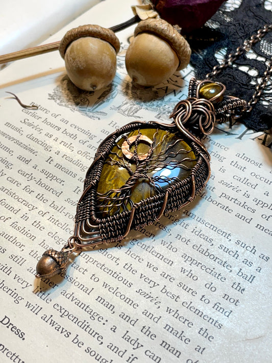 Tiger Eye Tree Tree of Life Amulet in Copper
