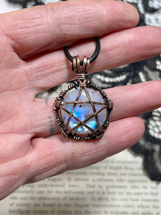 Moonstone (Rainbow Moonstone) Pentacle Pendant in Antiqued Copper