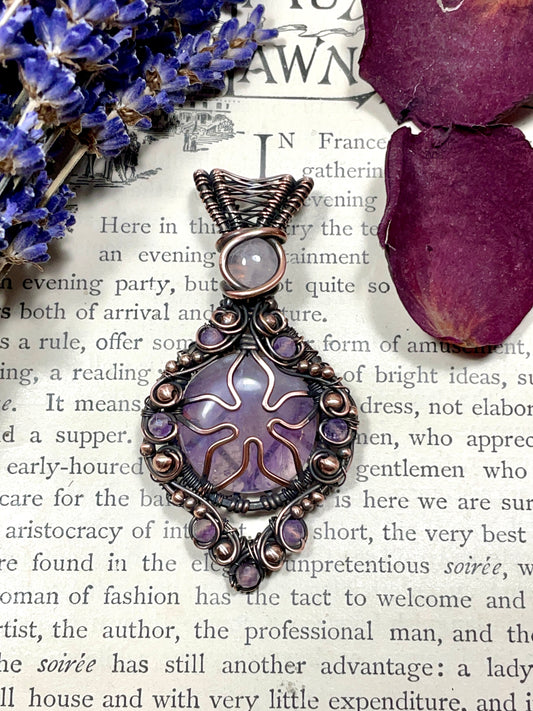 Amethyst Quartz Flower Pendant in Copper