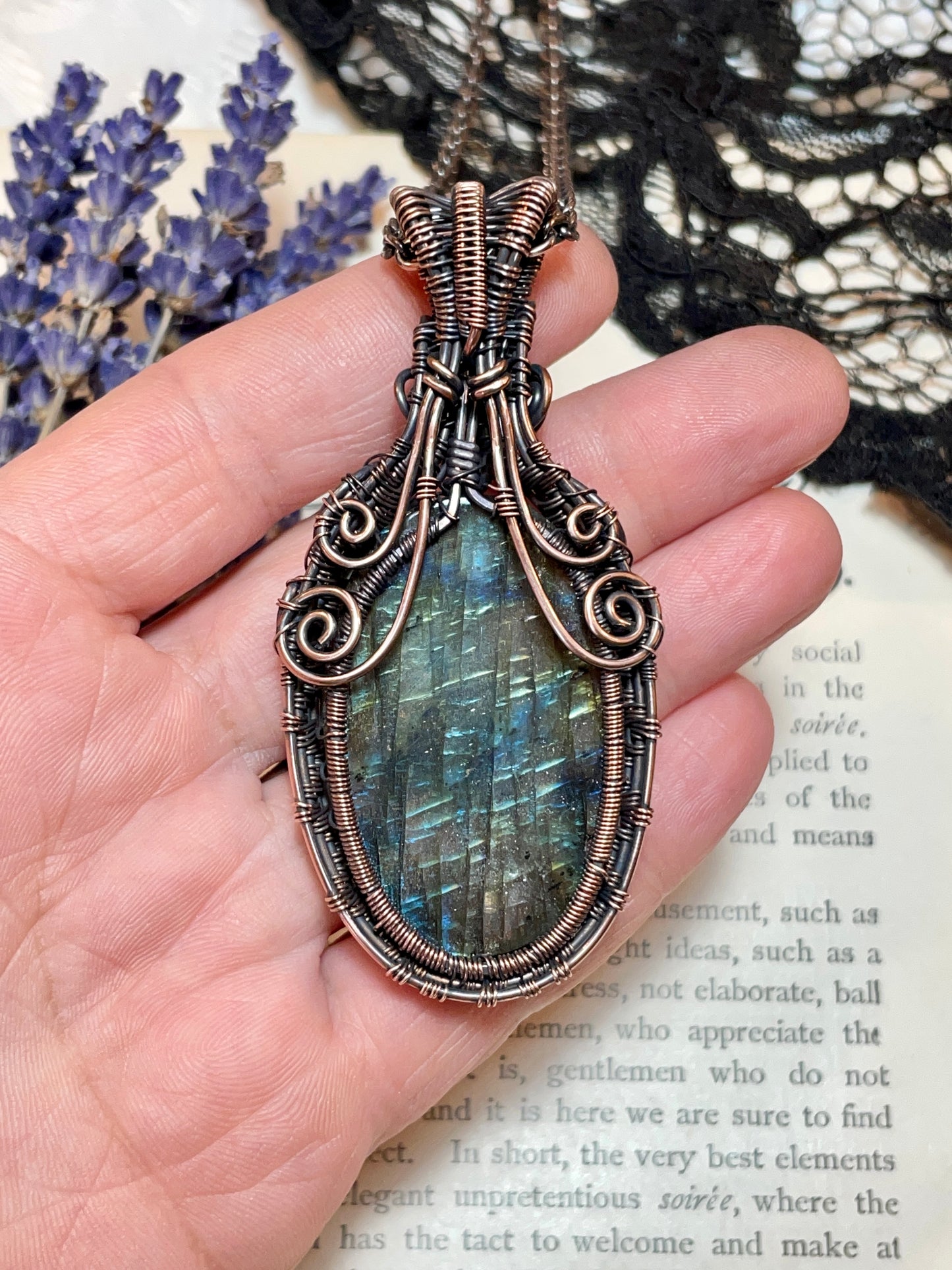 Labradorite Crescent Moon Tree of Life Amulet in Copper