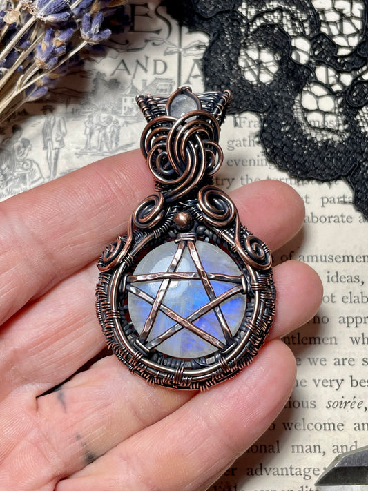 Rainbow Moonstone Pentacle Pendant in Copper