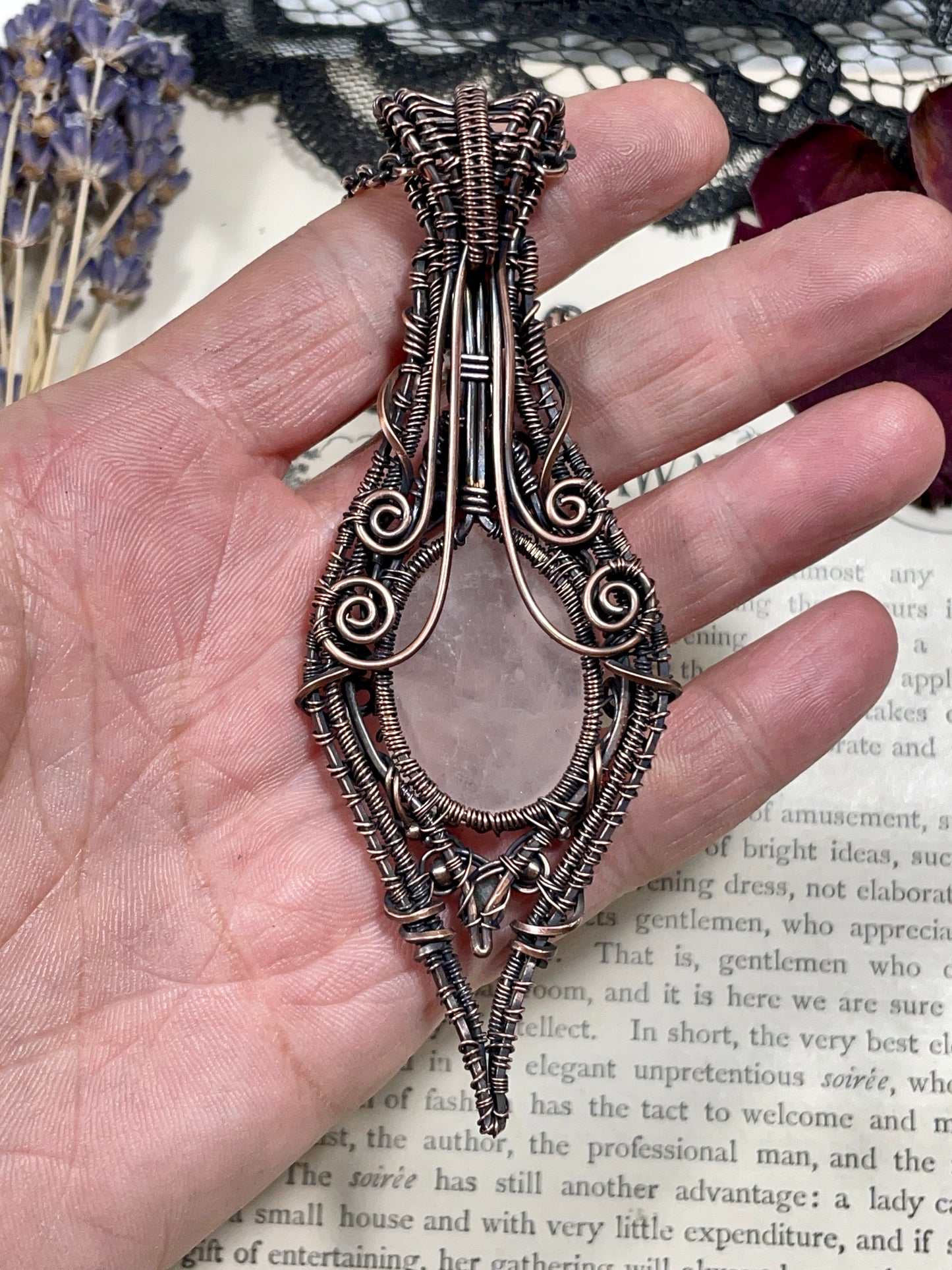 Rose Quartz and Moss Agate Tree of Life Pendant in Copper