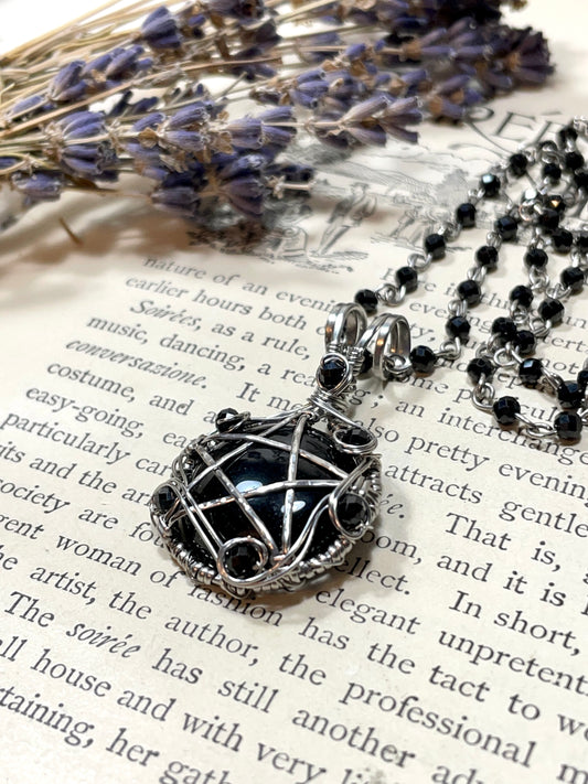 Onyx and Spinel Pentacle Pendant in Stainless Steel