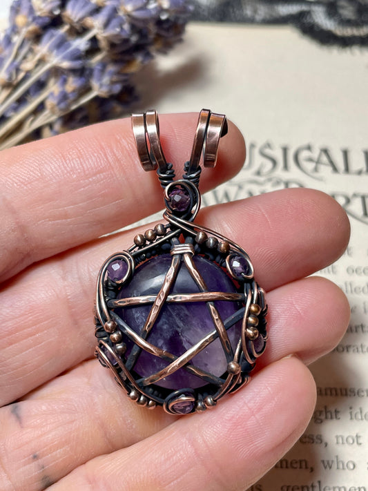 Amethyst Pentacle Pendant in Antiqued Copper