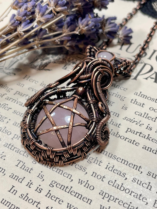 Rose Quartz Pentacle Pendant in Copper