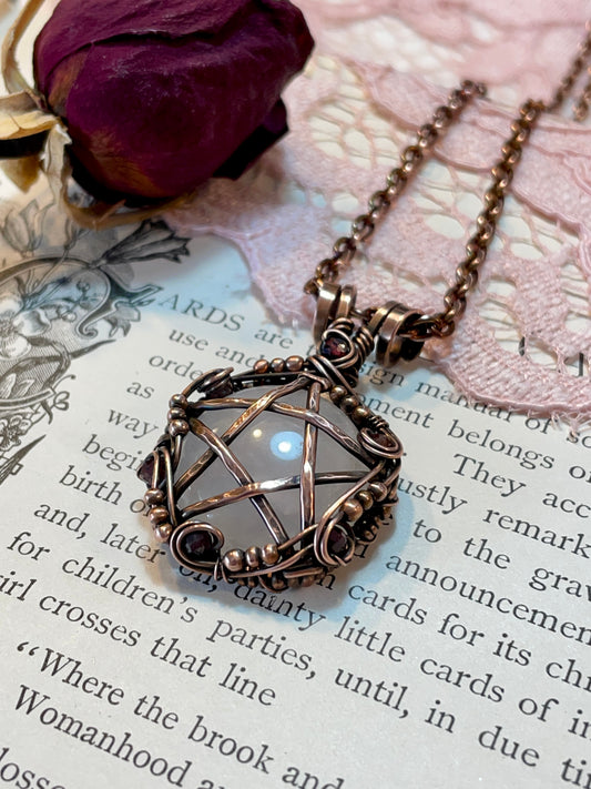 Rose Quartz and Garnet Pentacle Pendant in Copper