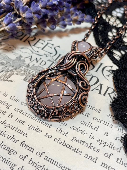 Rose Quartz Pentacle Pendant in Copper