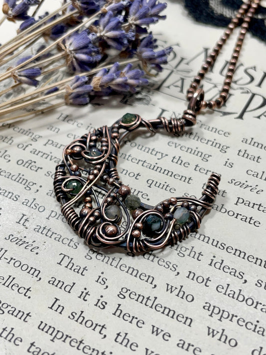 Moss Agate Crescent Moon Pendant in Copper