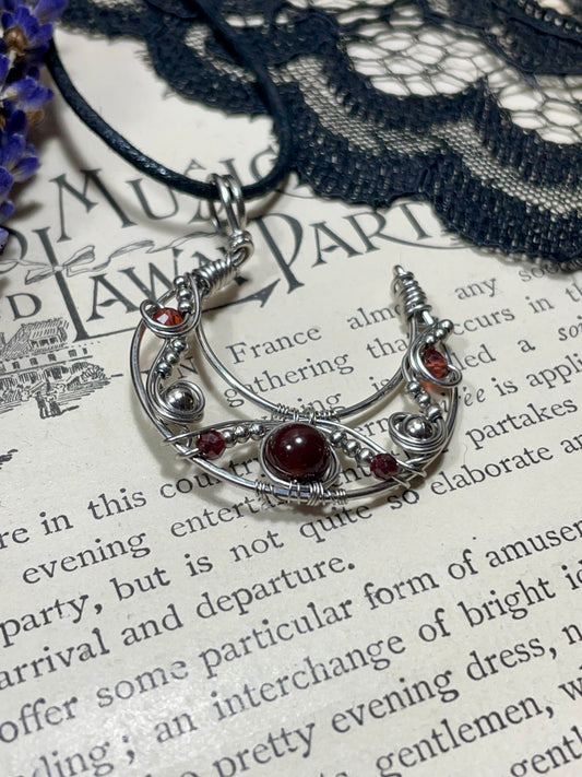 Garnet Crescent Moon Pendant in Stainless Steel