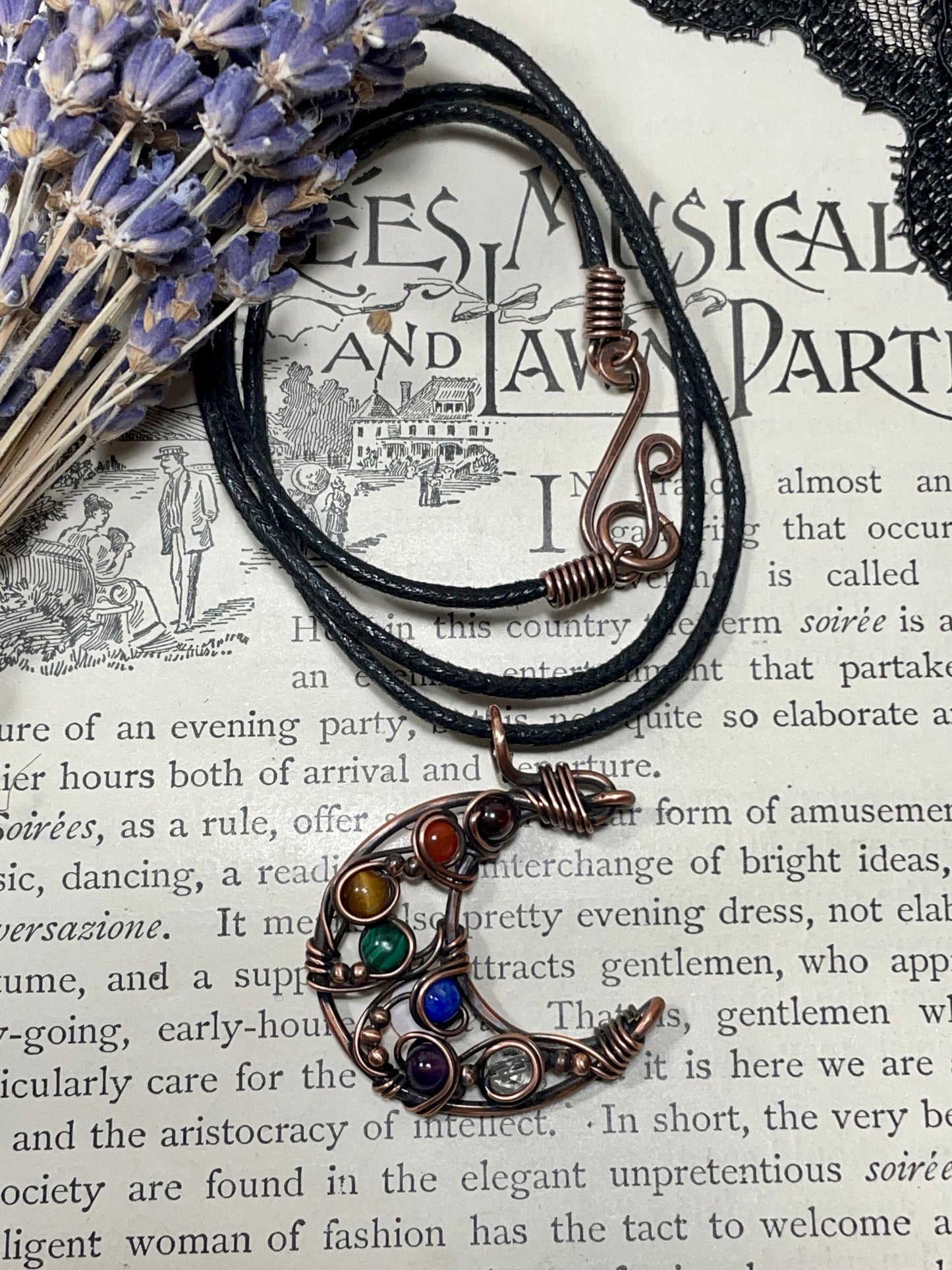 Chakra Rainbow Crescent Moon Pendant in Copper