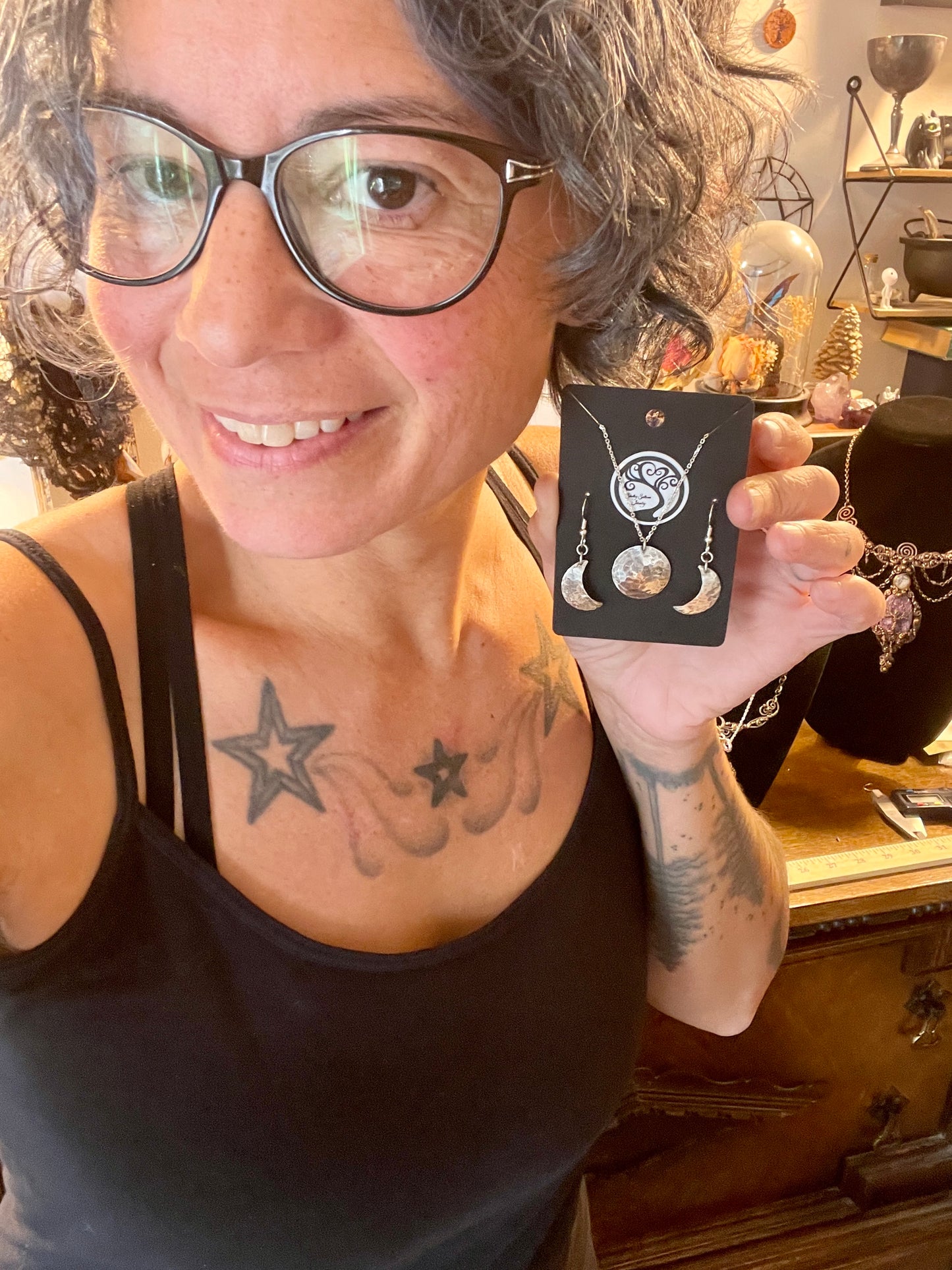 Triple Moon Pendant and Earring Set in Sterling Silver