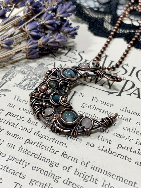 Moss Agate & Rose Quartz Crescent Moon Pendant in Copper