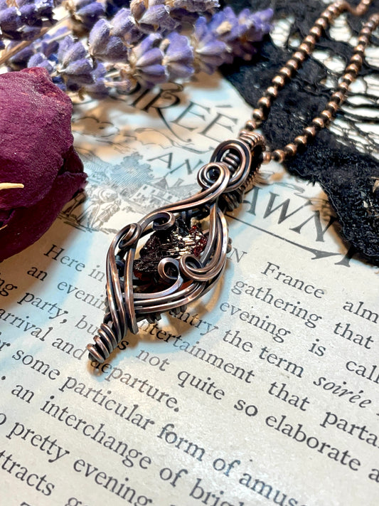 Garnet (Natural Raw Etched Spessartine Garnet) Pendant in Copper