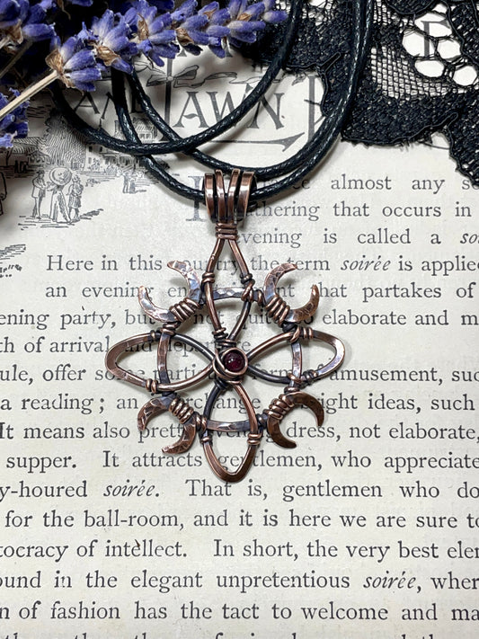 Garnet Witches Knot Pendant in Antiqued Copper
