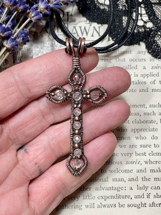 Quartz Gothic Cross Pendant in Antiqued Copper