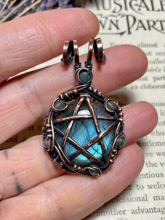 Labradorite Pentacle Pendant in Antique Copper