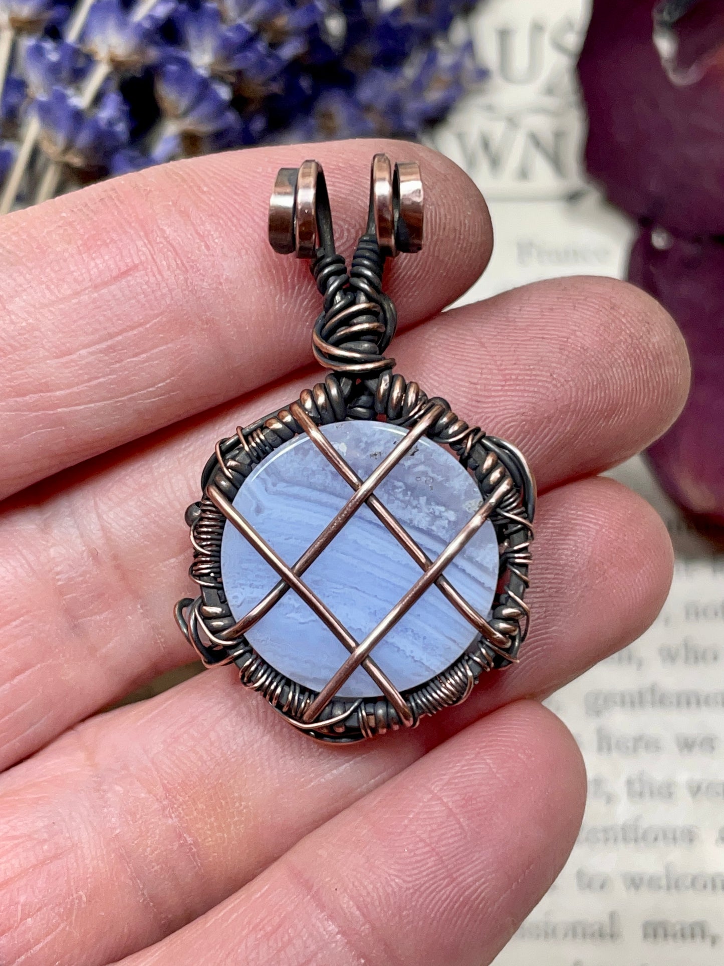Blue Lace Agate Flower Pendant in Copper