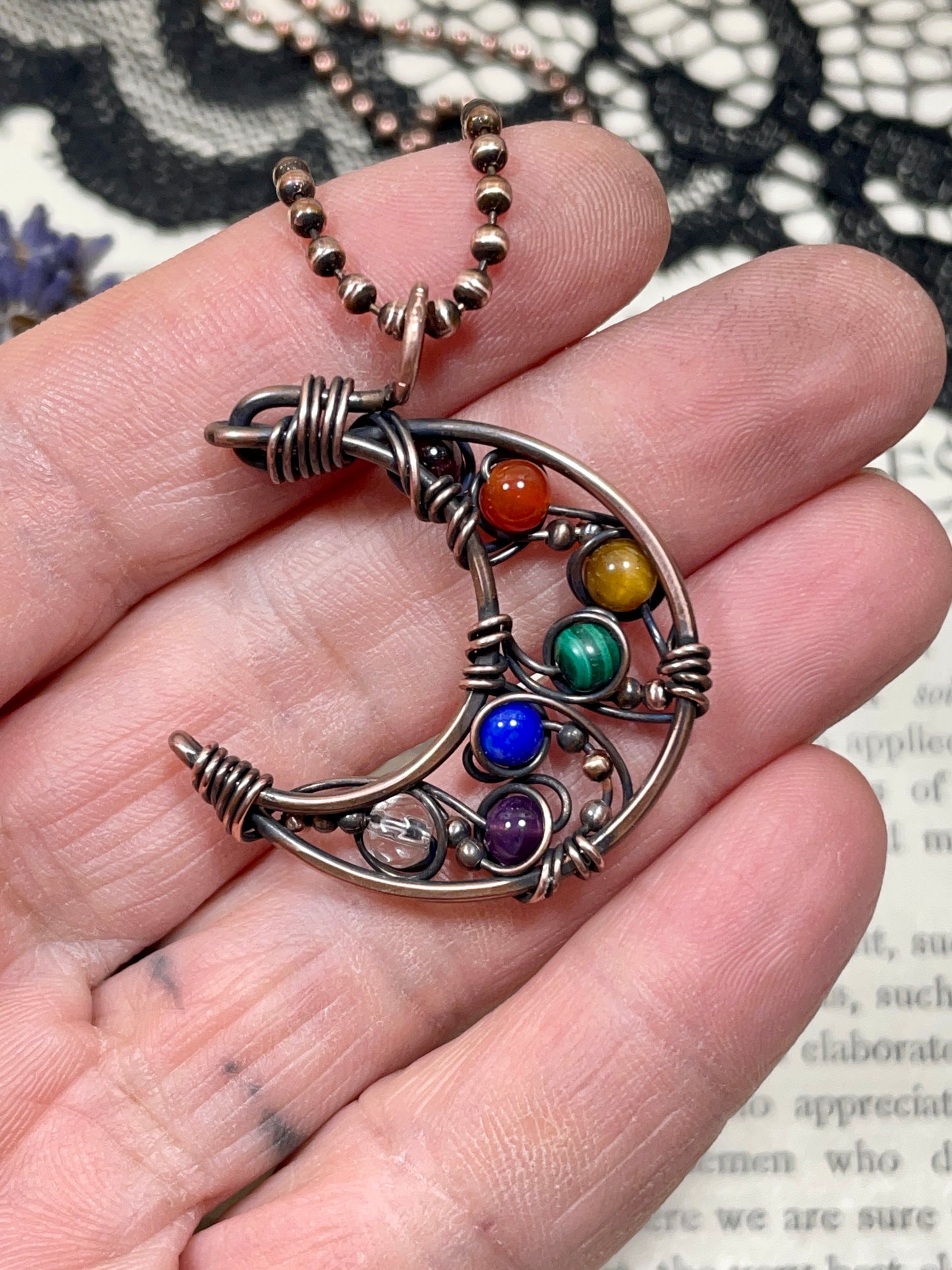 Chakra Rainbow Crescent Moon Pendant in Copper