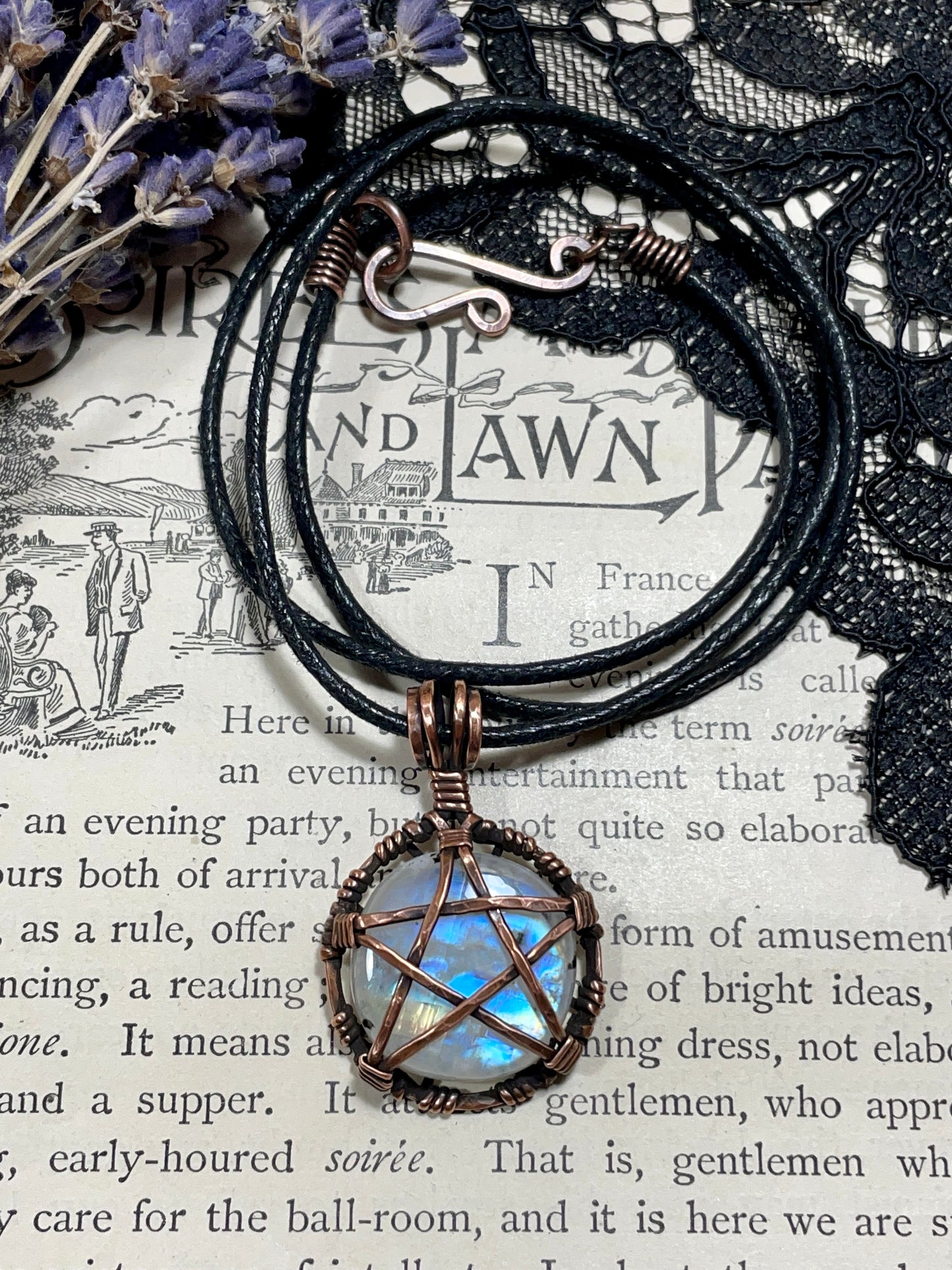Moonstone (Rainbow Moonstone) Pentacle Pendant in Antiqued Copper