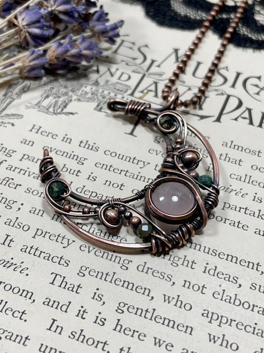 Rose Quartz & Moss Agate Crescent Moon Pendant in Copper