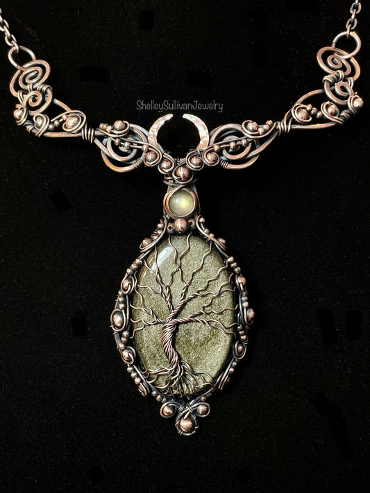 Obsidian (Gold Sheen Obsidian) Tree of Life Collar Amulet in Copper