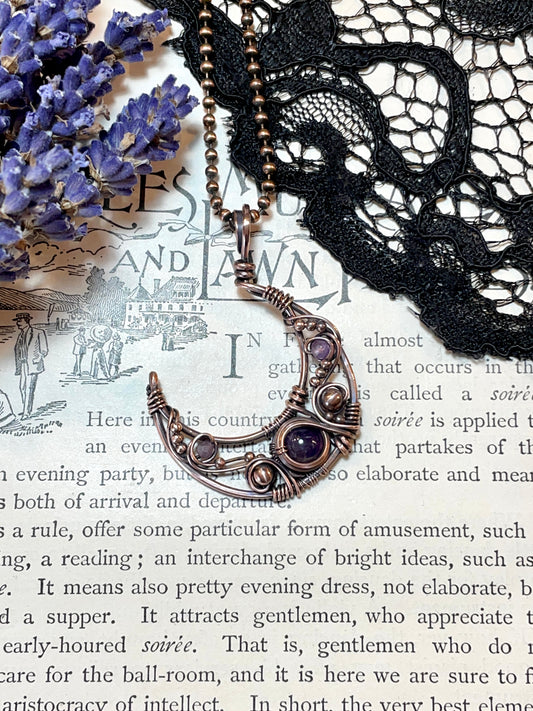 Amethyst Crescent Moon Pendant in Copper