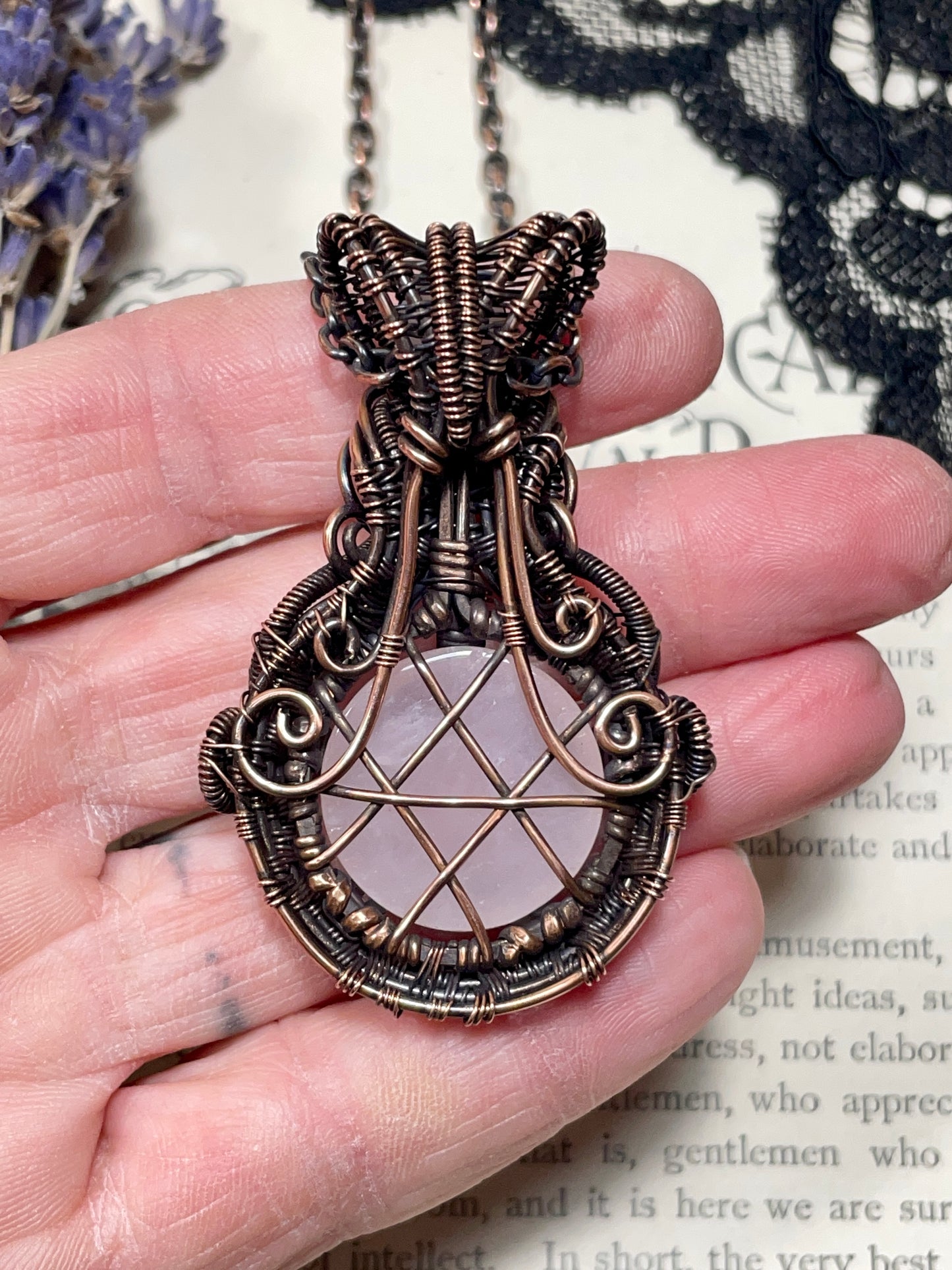 Rose Quartz Pentacle Pendant in Copper