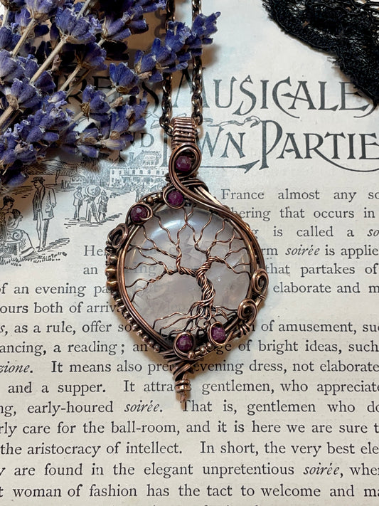 Rose Quartz and Ruby Tree of Life Pendant in Copper