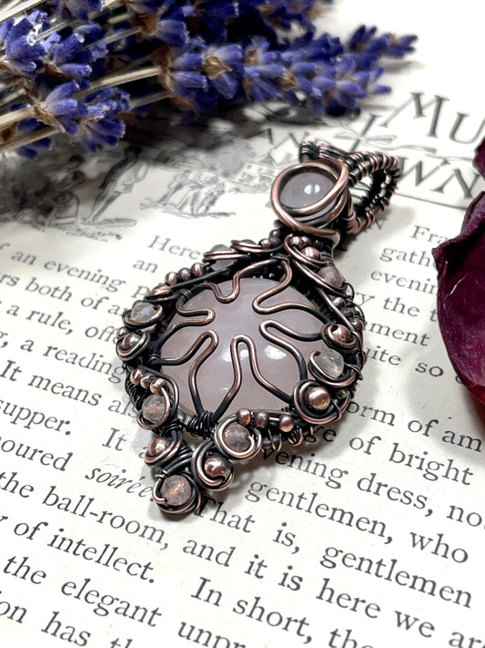 Rose Quartz Flower Pendant in Copper