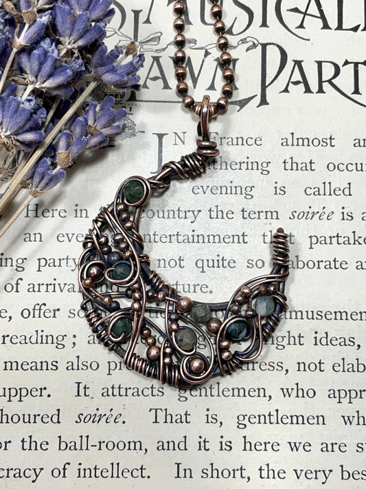 Moss Agate Crescent Moon Pendant in Copper