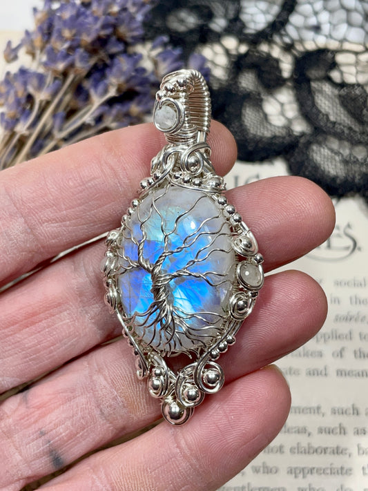 Moonstone (Rainbow Moonstone) Tree of Life Pendant in Sterling Silver