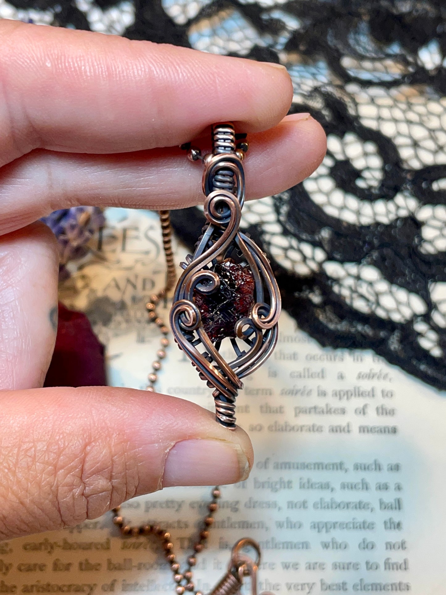 Garnet (Natural Raw Etched Spessartine Garnet) Pendant in Copper