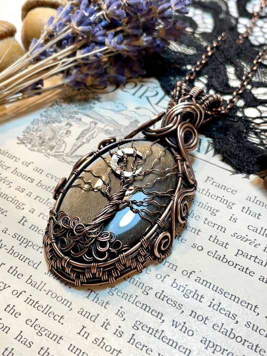 Obsidian (Silver Sheen Obsidian) Tree of Life Crescent Moon Amulet in Copper