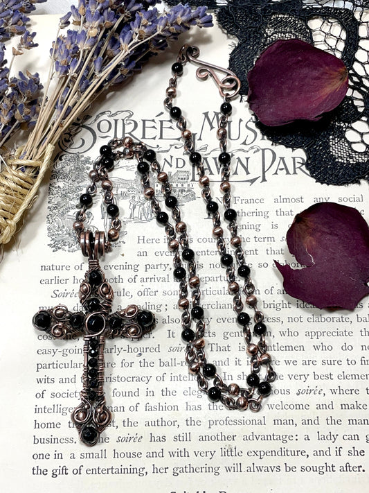 Onyx Gothic Cross Pendant in Antiqued Copper with handmade chain.