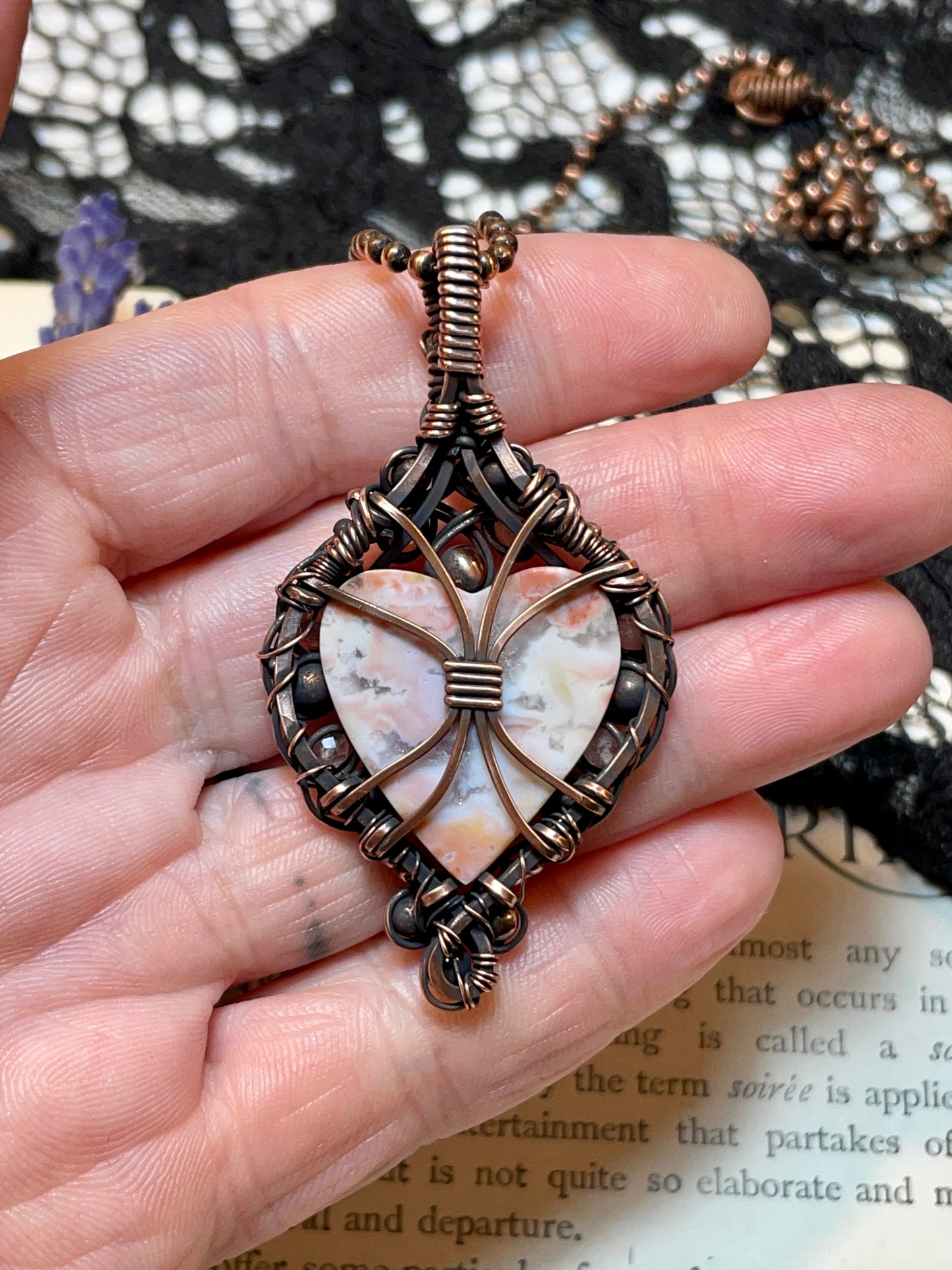 Agate (Pink Agate) Heart Pendant in Copper