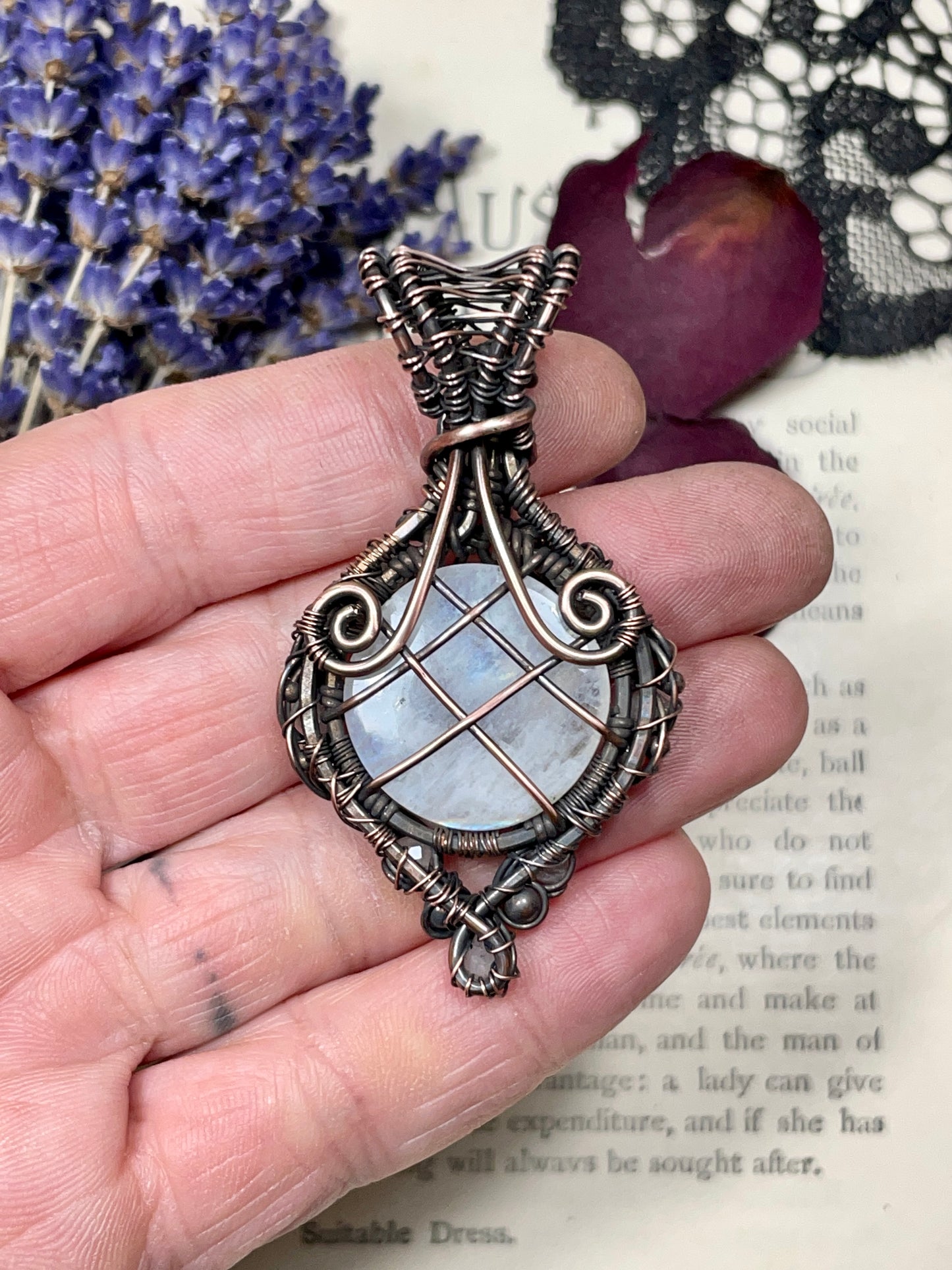 Rainbow Moonstone Flower Pendant in Copper