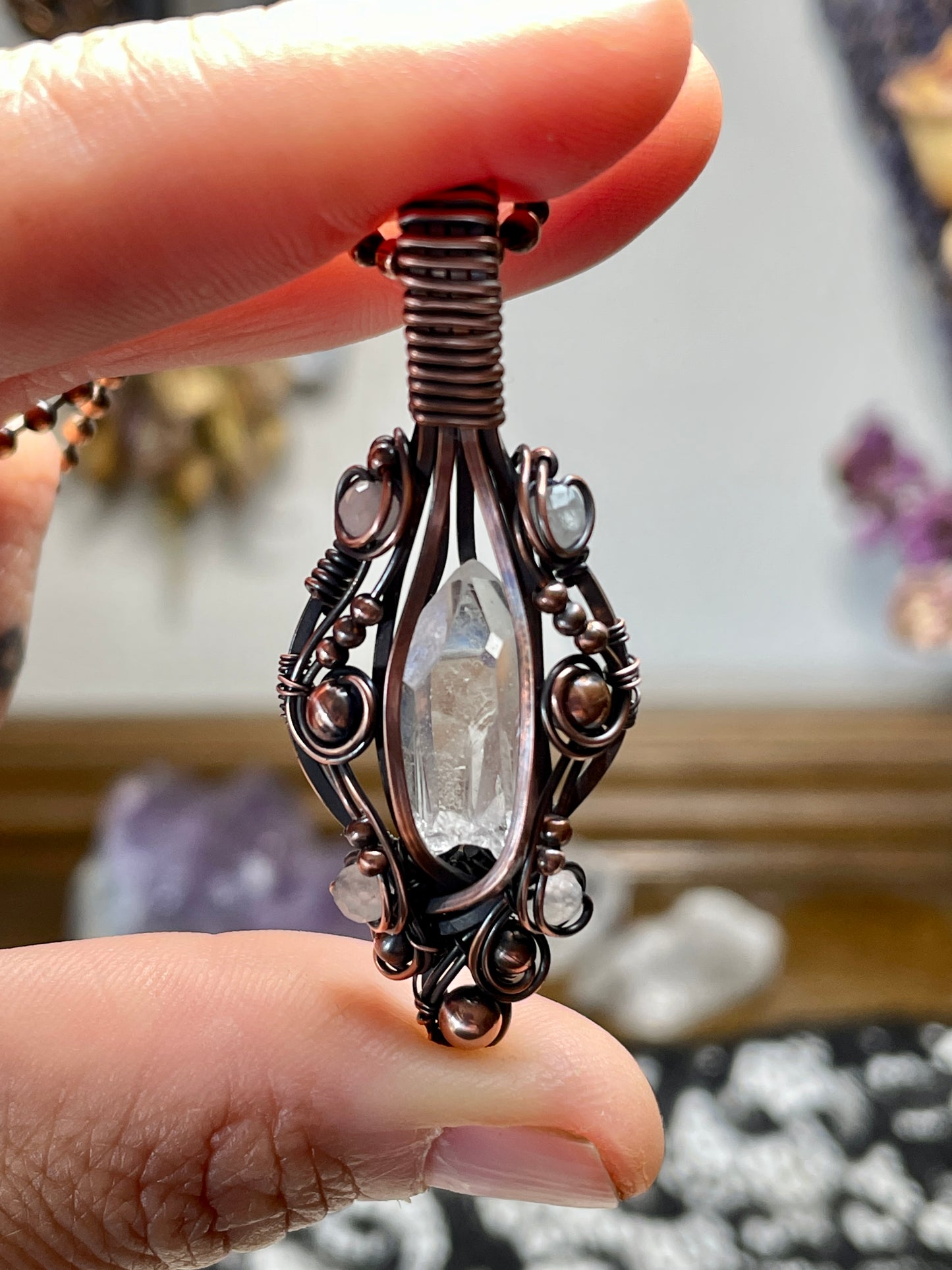 Quartz Crystal Point (Clear Quartz Crystal )Pendant in Copper