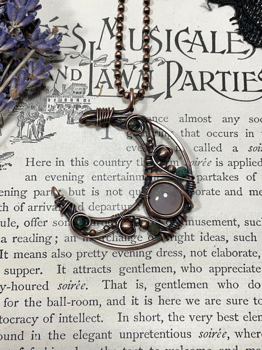 Rose Quartz & Moss Agate Crescent Moon Pendant in Copper