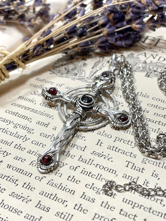 Onyx and Garnet Celtic Cross Pendant in Stainless Steel