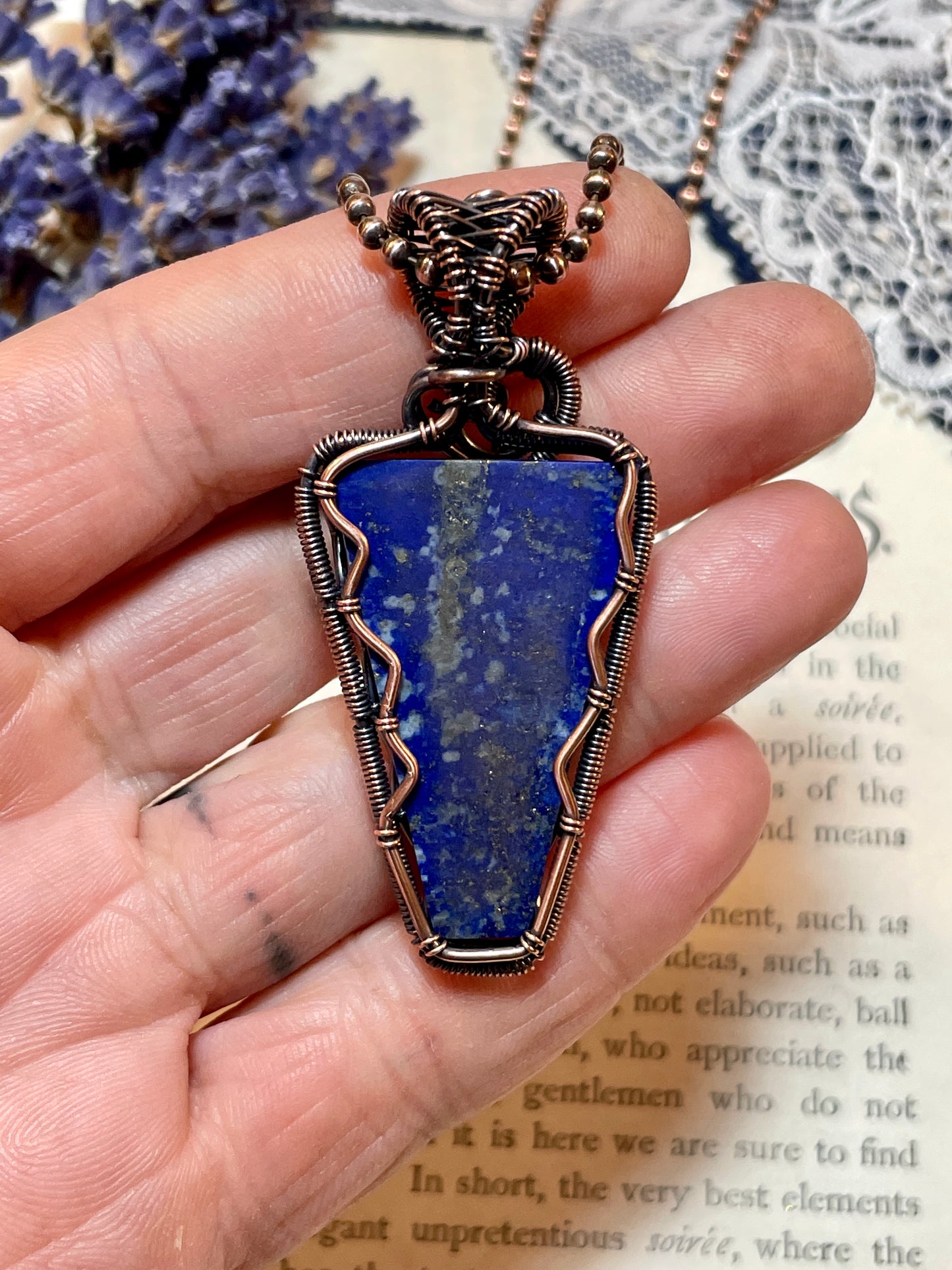 Lapis Lazuli Pendant woven in Copper